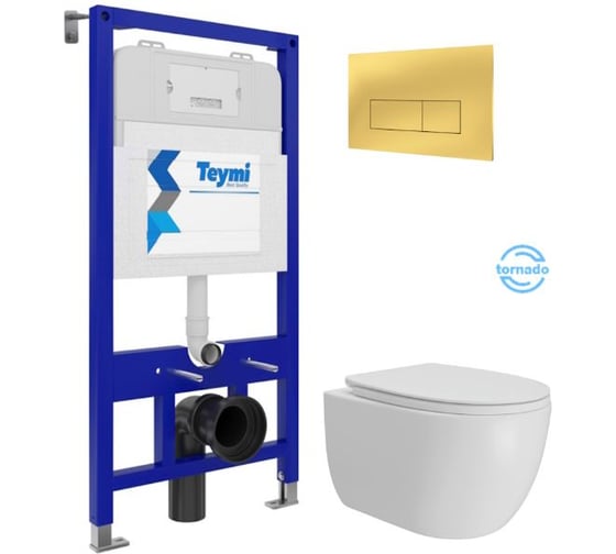 Изображение товара Инсталляция с унитазом Teymi комплект 5 в 1 унитаз подвесной безободковый Lori Vortex кнопка золото F16149 F16149 ЦБ-00304336