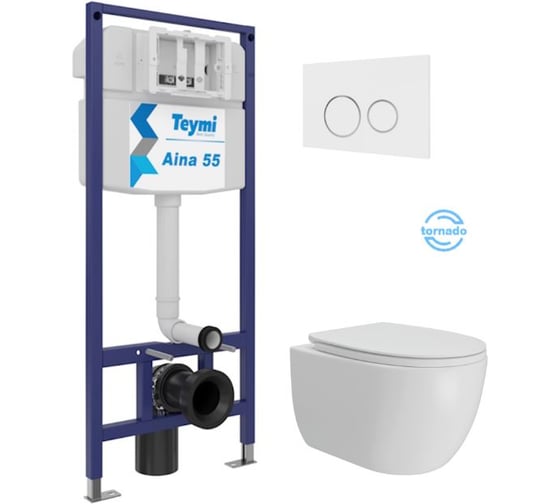 Изображение товара Инсталляция с унитазом Teymi комплект 5 в 1 унитаз подвесной безободковый Lori Vortex кнопка белая / хром F15842 F15842 ЦБ-00304322