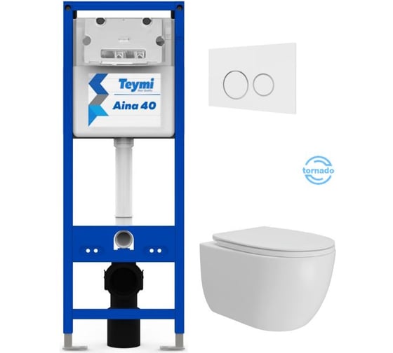 Изображение товара Инсталляция с унитазом Teymi комплект 5 в 1 унитаз подвесной безободковый Lori Vortex кнопка белая / хром F16924 F16924 ЦБ-00303237