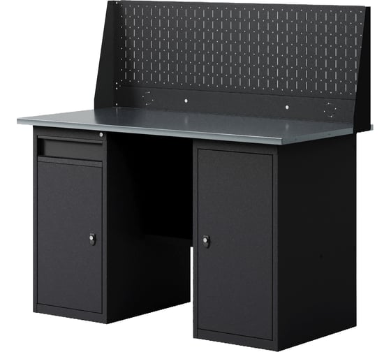 Изображение товара Верстак-стол с одинарной перфопанелью с тумбой с дверцей и тумбой/ящик, 1400 мм GREENBERG BLACK VERSTAK_BLACK_WT_Р1_1400