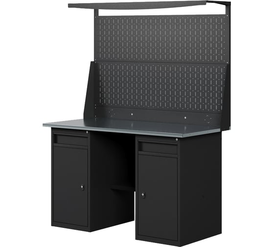 Изображение товара Верстак-стол с двойной перфопанелью с двумя тумбами/ящик, 1400 мм GREENBERG BLACK VERSTAK_BLACK_W2_Р2_1400