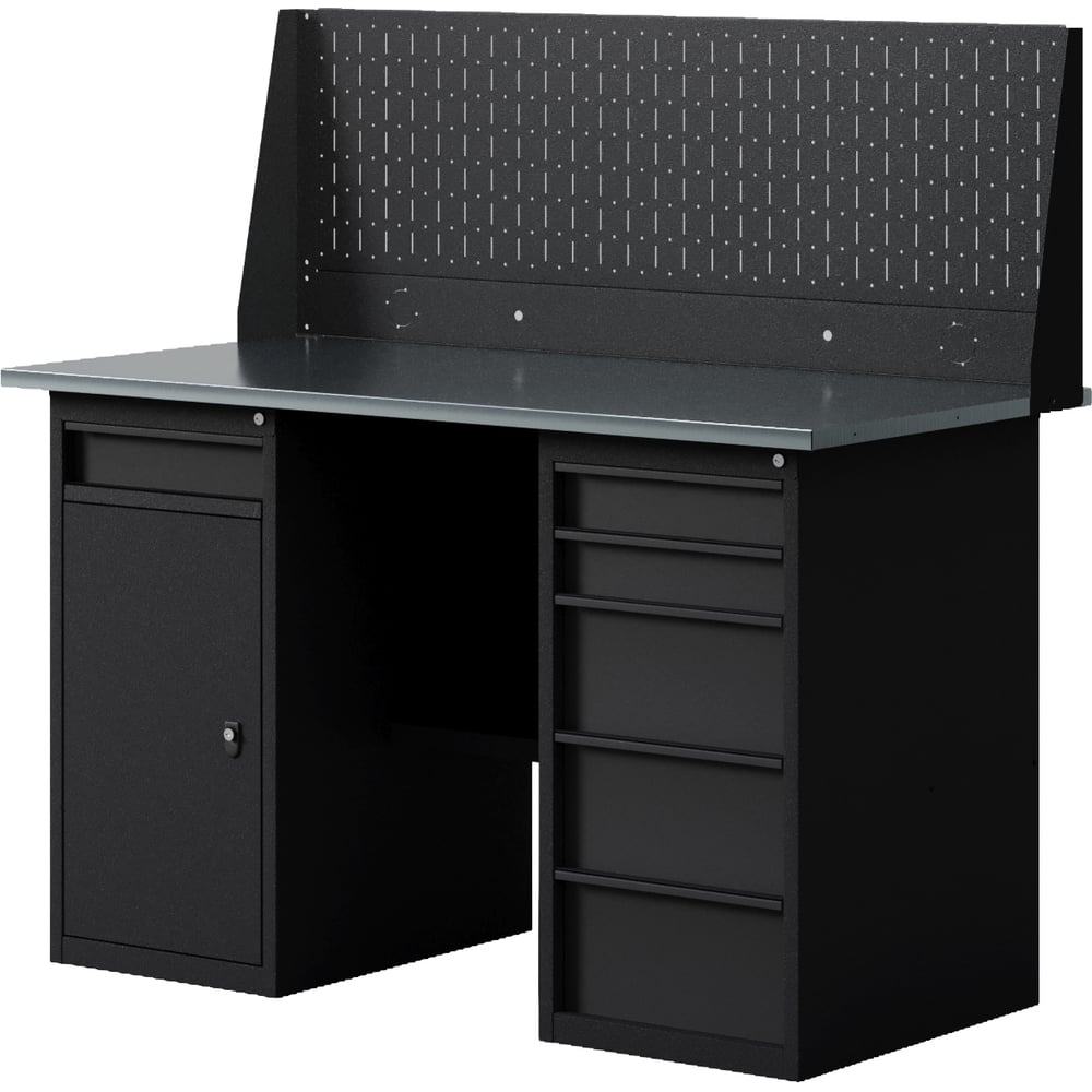 Изображение товара Верстак-стол с одинарной перфопанелью с тумбой с ящиками и тумбой/ящик, 1400 мм GREENBERG BLACK VERSTAK_BLACK_WY_Р1_1400