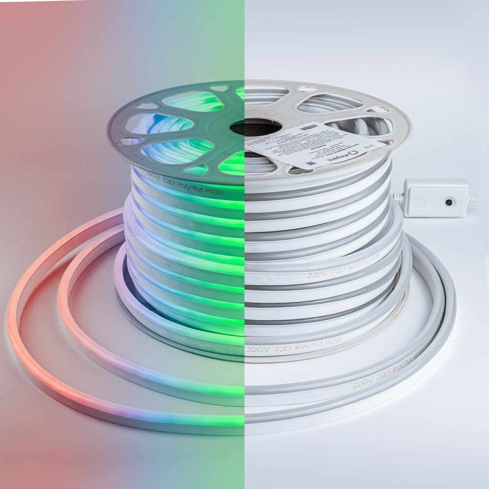 Изображение товара Светодиодная лента Alvar NEON 220В 8Вт RGB, 9х18мм, IP65, шаг резки - 10см, 50м AL-N220RGB_50