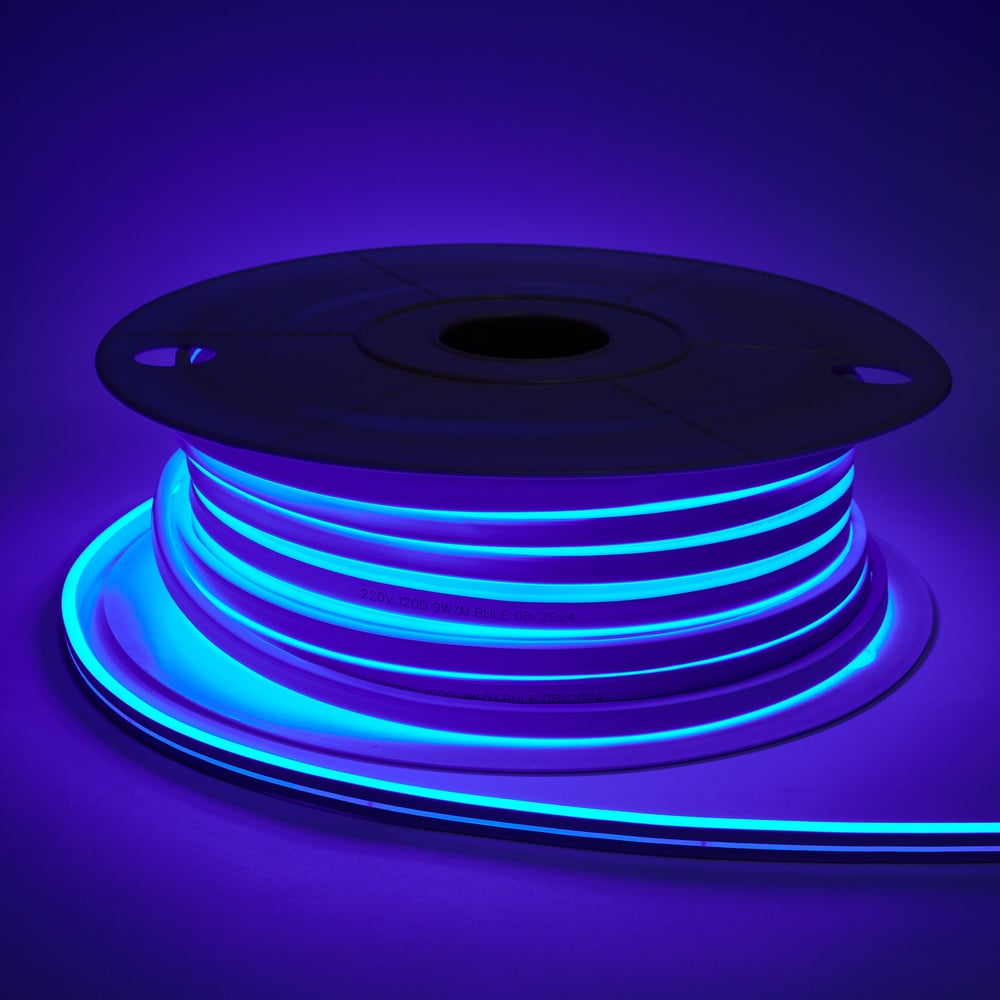 Изображение товара Светодиодная лента Alvar NEON 220В 9Вт синяя, 6х12мм, IP65, шаг резки - 10см 50м AL-N220B_50