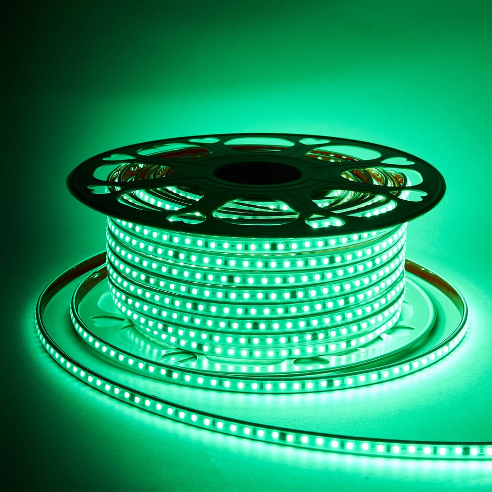 Изображение товара Светодиодная лента Alvar 220В 9.6Вт зеленая, 9х5,5мм, IP65, шаг резки - 10см 50м AL-22096G_50