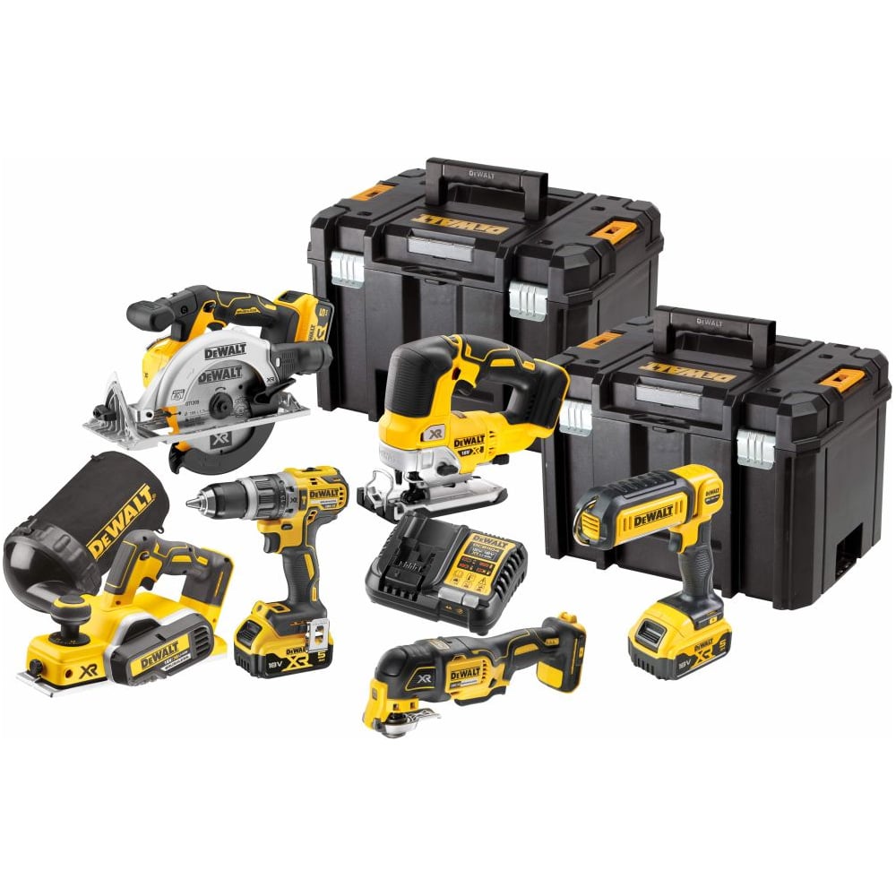Изображение товара Аккумуляторный набор DEWALT DCK667P3T: дрель + пила + лобзик + рубанок + реноватор + фонарь, с 3 АКБ 5 Ач и ЗУ, в 2 кейсах TSTAK DCK667P3T-QW