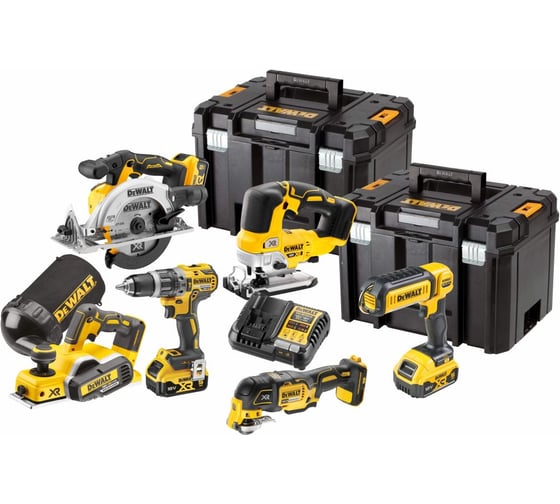 Изображение товара Аккумуляторный набор DEWALT DCK667P3T: дрель + пила + лобзик + рубанок + реноватор + фонарь, с 3 АКБ 5 Ач и ЗУ, в 2 кейсах TSTAK DCK667P3T-QW