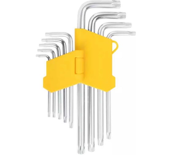 Изображение товара Ключи звездочки FIT CrV сталь, 9 шт., Т10-Т50, с отверстием, длинные, в пластиковом держателе 64026