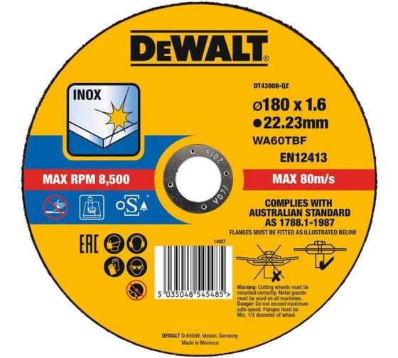Изображение товара Диск отрезной Dewalt DT43908, по металлу, 180х22.23х1.6 мм () DT43908-QZ