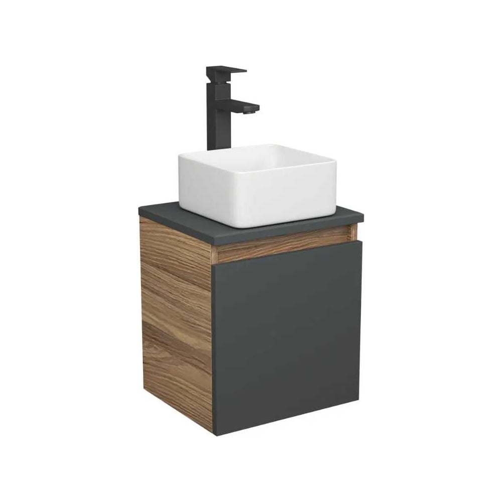 Изображение товара Тумба Bauedge Bau Dream Blackwood 35 с ящиком, графит, раковина BAU Mini 37x23, смеситель для раковины высокий Hotel Black, черный SD4014