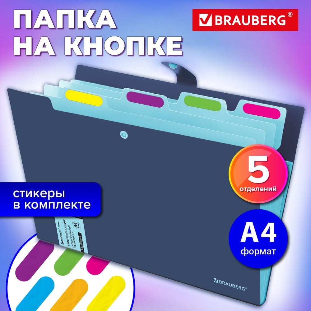 Изображение товара Папка-органайзер на кнопке BRAUBERG Extra 5 отделений, А4, синяя с голубым 274096