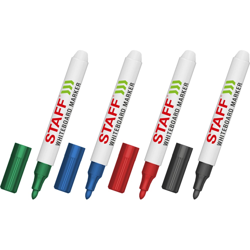 Изображение товара Маркеры стираемые для белой доски Staff НАБОР 4 ЦВЕТА, BASIC WBM-200, 1-3 мм, 152639