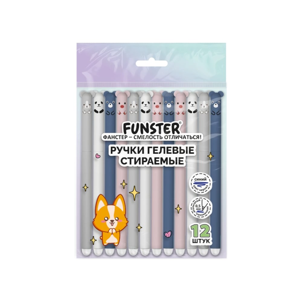 Изображение товара Ручки гелевые стираемые FUNSTER CUTE ANIMALS, СИНИЕ, НАБОР 12 ШТУК, ассорти, узел 0,5 мм, 144435