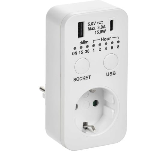 Изображение товара Розетка-таймер электрическая IEK РТЭ-4 с USB 15мин-8ч 16А IP20 бел ERT12-1-16-O-15-2-20-K01