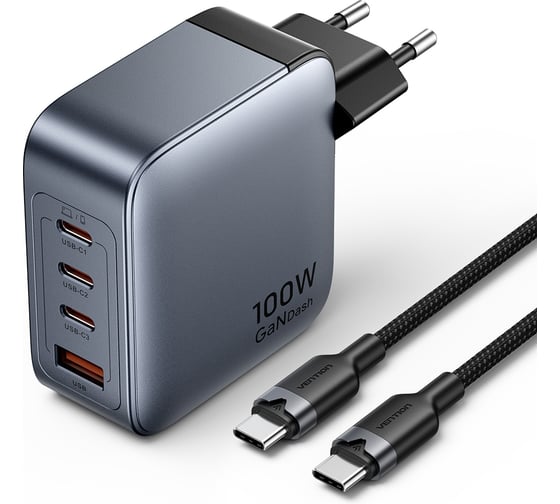 Изображение товара Набор Vention зарядное устройство на 4 порта GaN 100W USB (C+C+C+A) и кабель USB-C 5А Серый TZ-FETH0-EU