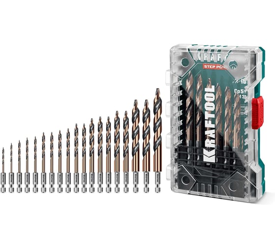 Изображение товара Набор сверл по металлу KRAFTOOL Step Point 19 шт, для винтовертов и шуруповертов 29653-H19
