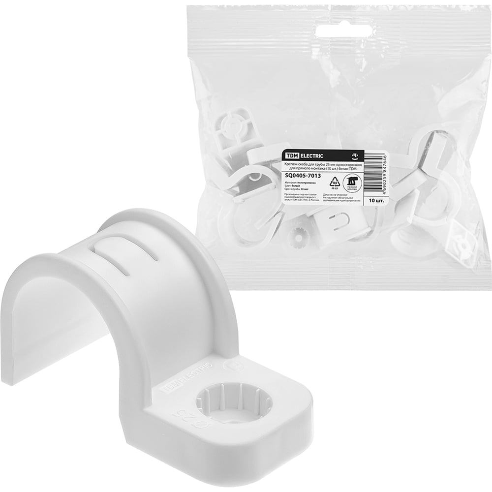 Изображение товара Крепеж-скоба TDM ELECTRIC для трубы 25 мм односторонняя для прямого монтажа белая, упаковка 450 штук SQ0405-7013