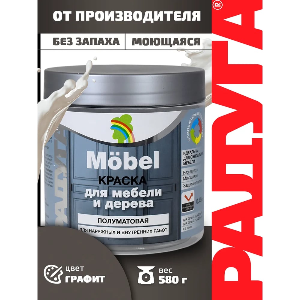 Изображение товара Краска для мебели ВД-АК графит 0, 45 л - акриловая водно-дисперсионная