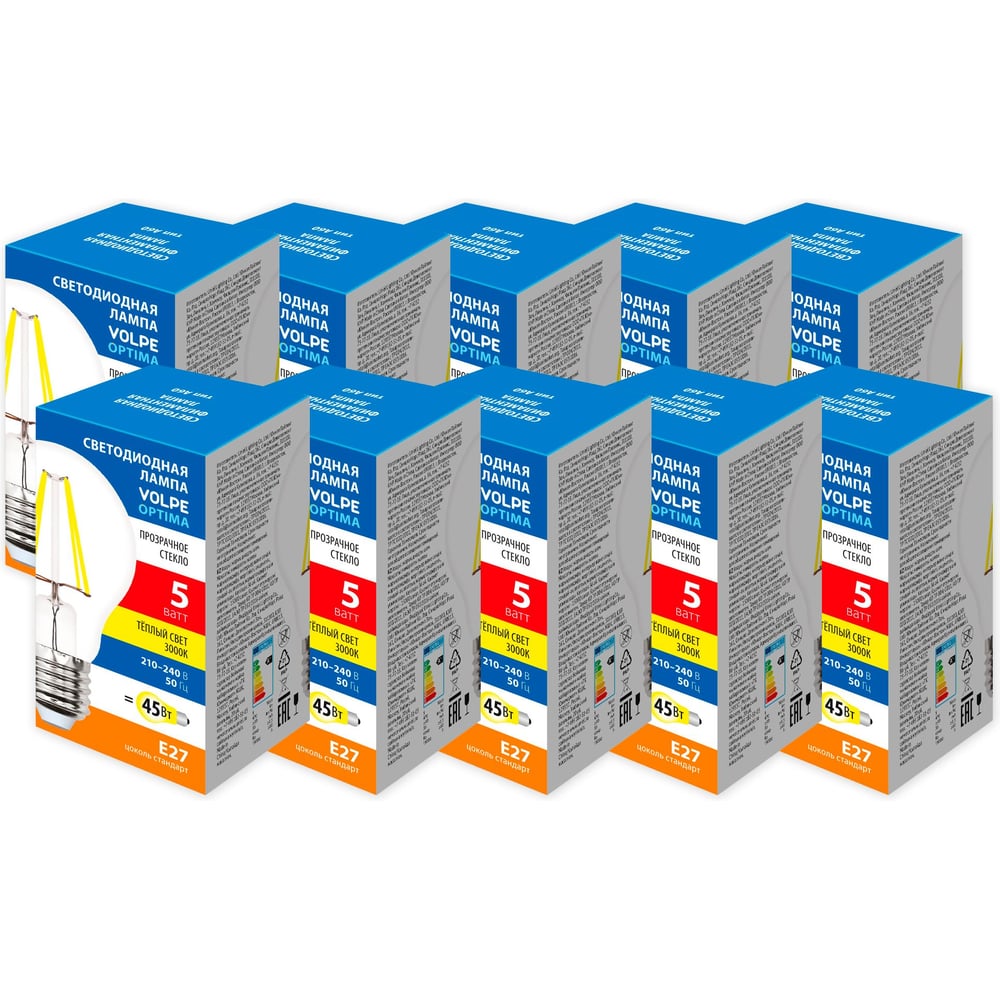 Изображение товара Светодиодная лампа Volpe LED-A60-5W/3000K/E27/CL/SLF набор из 10штук UL-00013838
