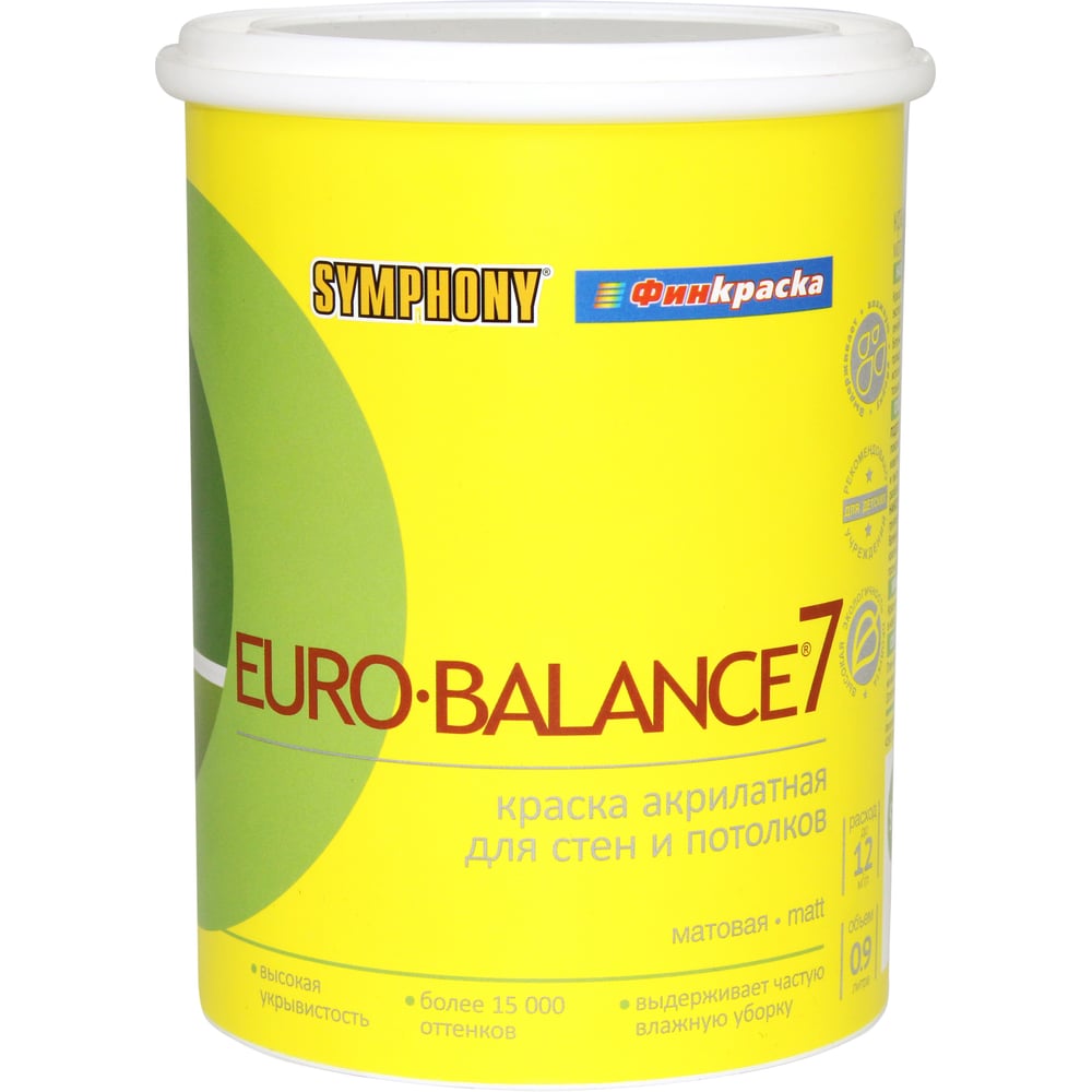 Изображение товара SYMPHONY краска для стен в/э белая матовая 0.9 л