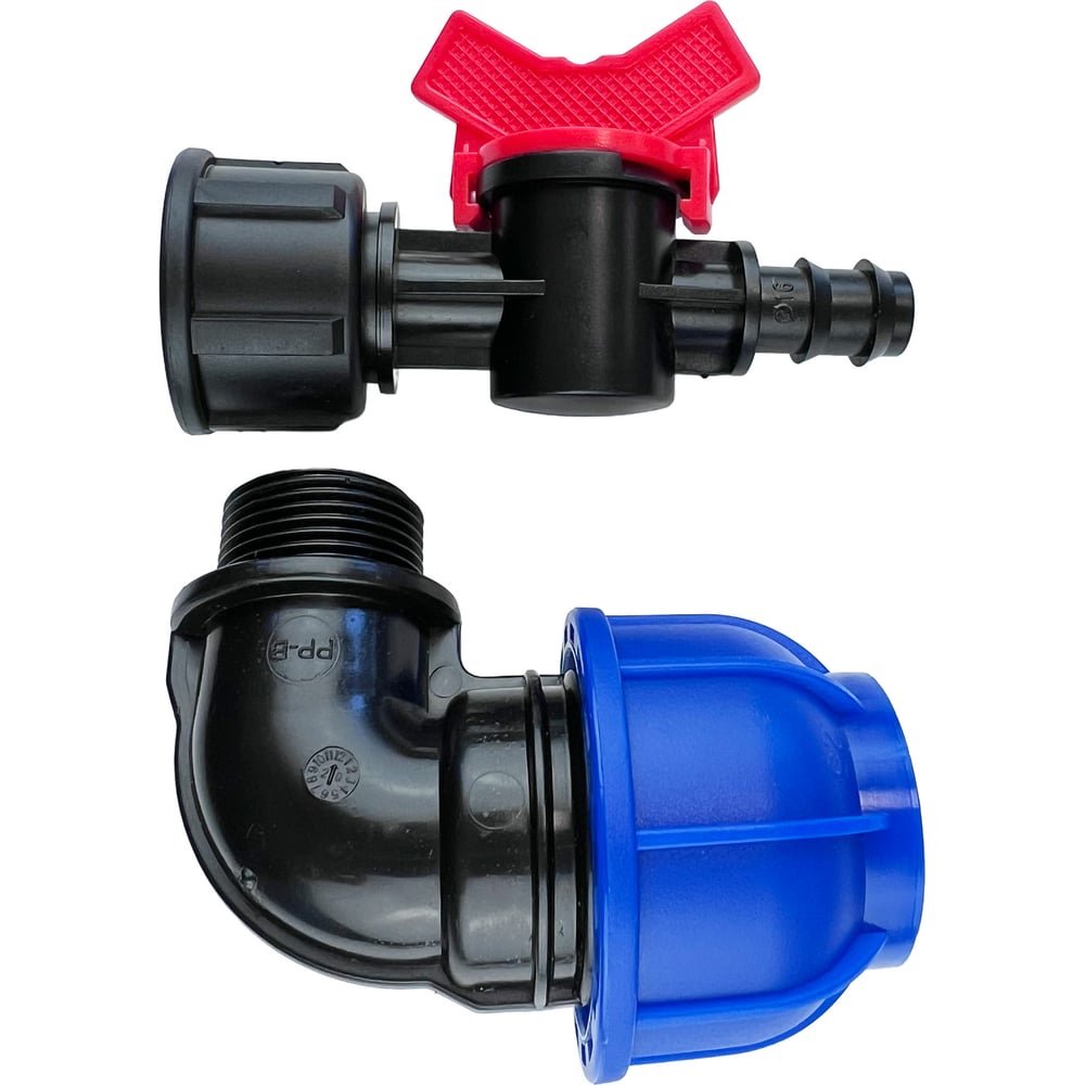 Изображение товара Комплект подключения магистральной трубки Профитт 16 мм к ПНД трубе 32 мм (угол ПНД + кран) 0341187-RCS