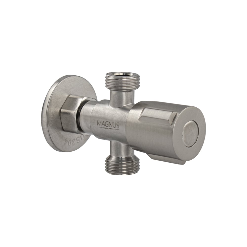 Изображение товара Кран 1/2ш х1/2ш х 1/2 накидная гайка, корпус из нержавеющей стали марки SUS 304, серия МАГНУС, пластиковая ручка, цвет САТИН Санакс 9272-2