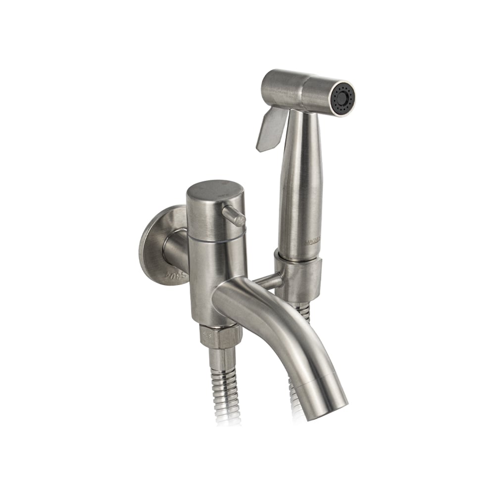 Изображение товара Кран водоразборный, подключение 1/2", металлокерамика, с аэратором, с гигиеническим душем, из нержавеющей стали марки SUS 304, цвет САТИН. МАГНУС 9248