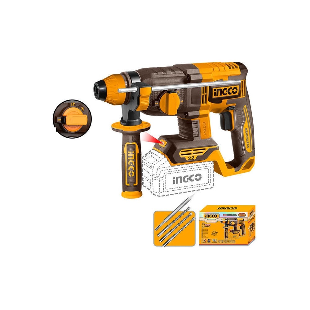 Изображение товара Аккумуляторный перфоратор INGCO 20В 2 Дж, б/щ (4) INDUSTRIAL CRHLI21228