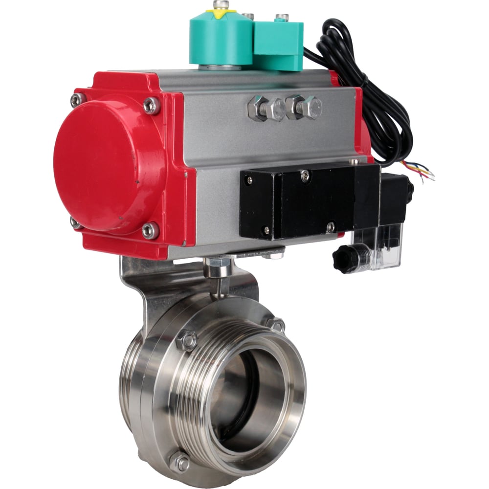Затвор дисковый DN.ru 304-304-Sil-2W-T-H Ду100 Ру10 резьбовой, пищевая нержавеющая сталь 304, пневмопривод DA-052, пневмораспределитель 24VDC, магнитный переключатель МП D050-86433