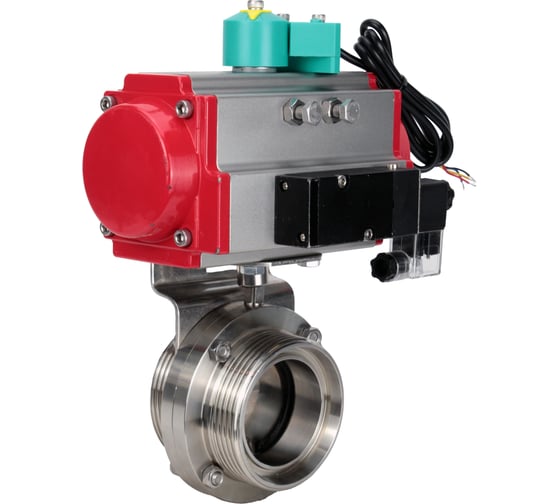 Изображение товара Затвор дисковый DN.ru 304-304-Sil-2W-T-H Ду15 Ру10 резьбовой, пищевая нержавеющая сталь 304, пневмопривод DA-052, пневмораспределитель 24VDC, магнитный переключатель МПП D050-86434