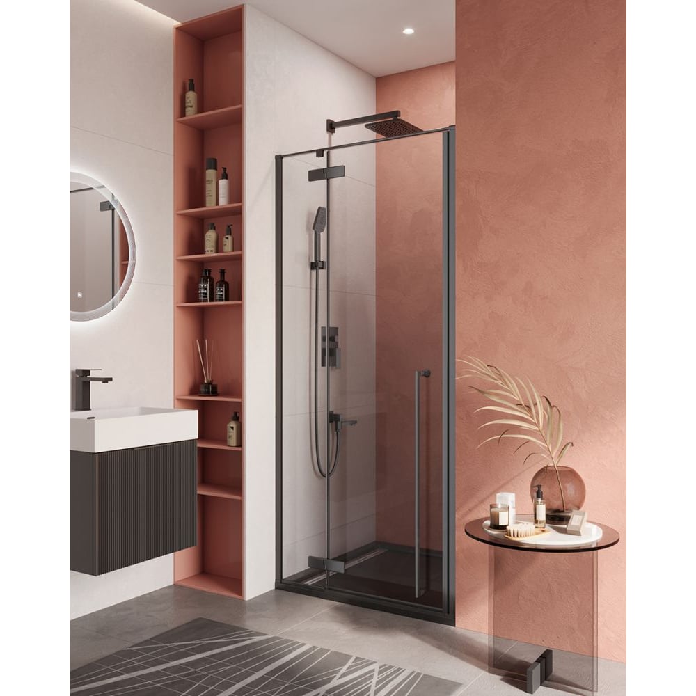 Изображение товара Душевая дверь Cezares LINER-B-12-90-C-NERO-L с прозрачным стеклом и черным профилем