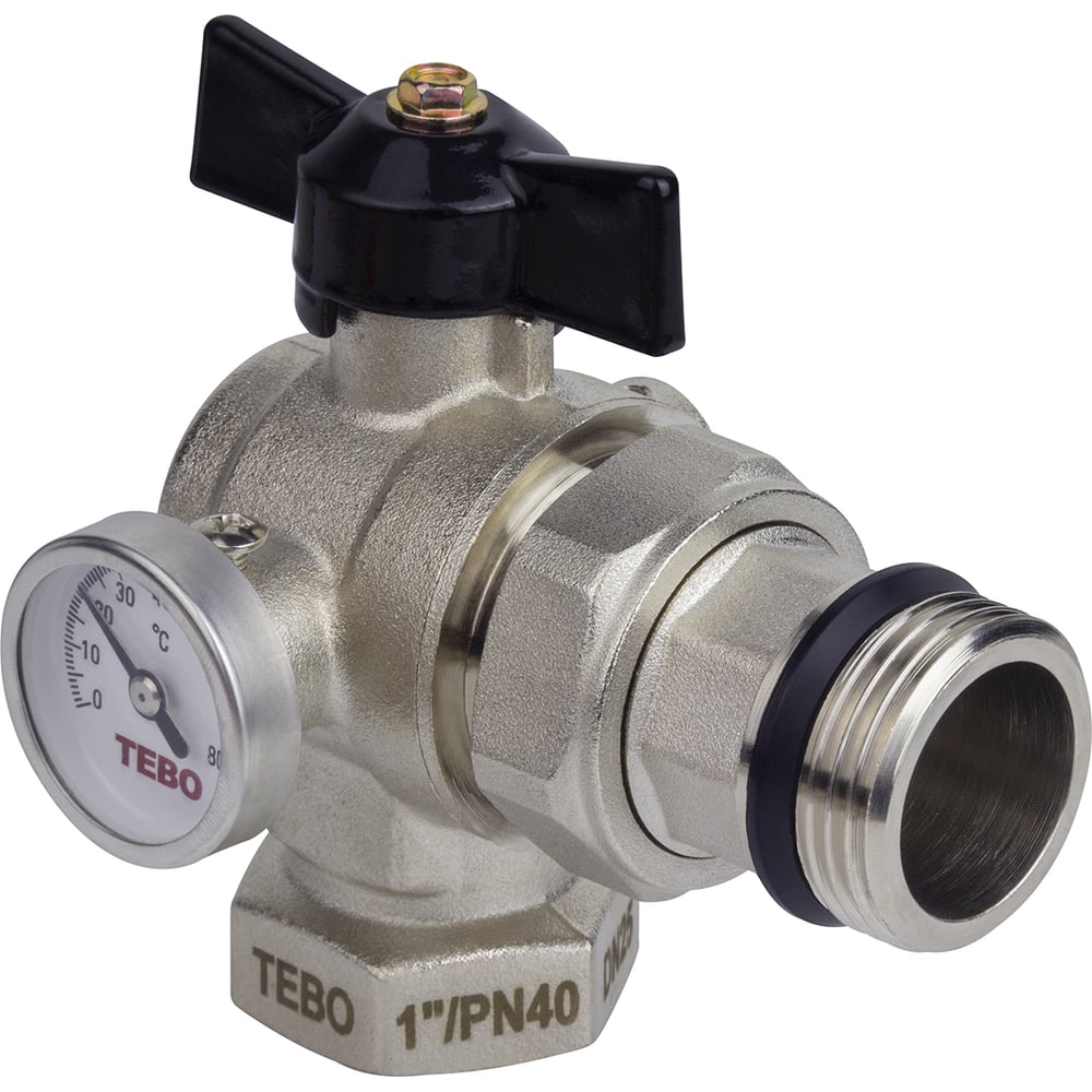 Изображение товара Кран шаровой с термометром угловой ВН/НАР 1" черная бабочка TEBO T-КШ.Т.552.1.ЧБ.CN