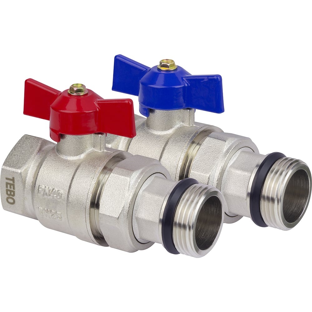 Изображение товара Кран шаровой без термометра прямой ВН/НАР 1", комплект 2 шт. (красная + синяя бабочки) TEBO T-КШ.502.1.КСБ.CN