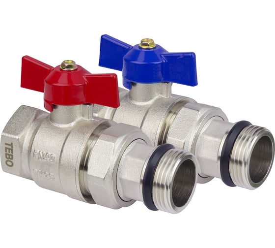 Изображение товара Кран шаровой без термометра прямой ВН/НАР 1", комплект 2 шт. (красная + синяя бабочки) TEBO T-КШ.502.1.КСБ.CN