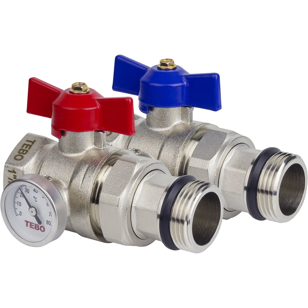 Изображение товара Кран шаровой с термометром прямой ВН/НАР 1", комплект 2 шт. (красная + синяя бабочки) TEBO T-КШ.Т.502.1.КСБ.CN