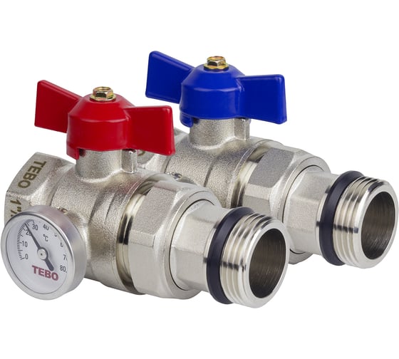 Изображение товара Кран шаровой с термометром прямой ВН/НАР 1", комплект 2 шт. (красная + синяя бабочки) TEBO T-КШ.Т.502.1.КСБ.CN