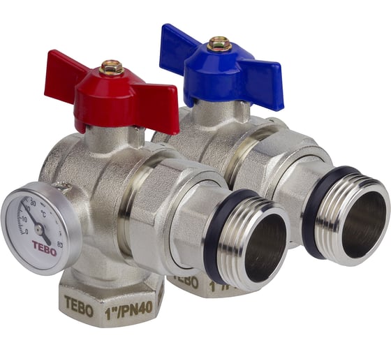 Изображение товара Кран шаровой с термометром угловой ВН/НАР 1", комплект 2 шт. (красная + синяя бабочки) TEBO T-КШ.Т.552.1.КСБ.CN