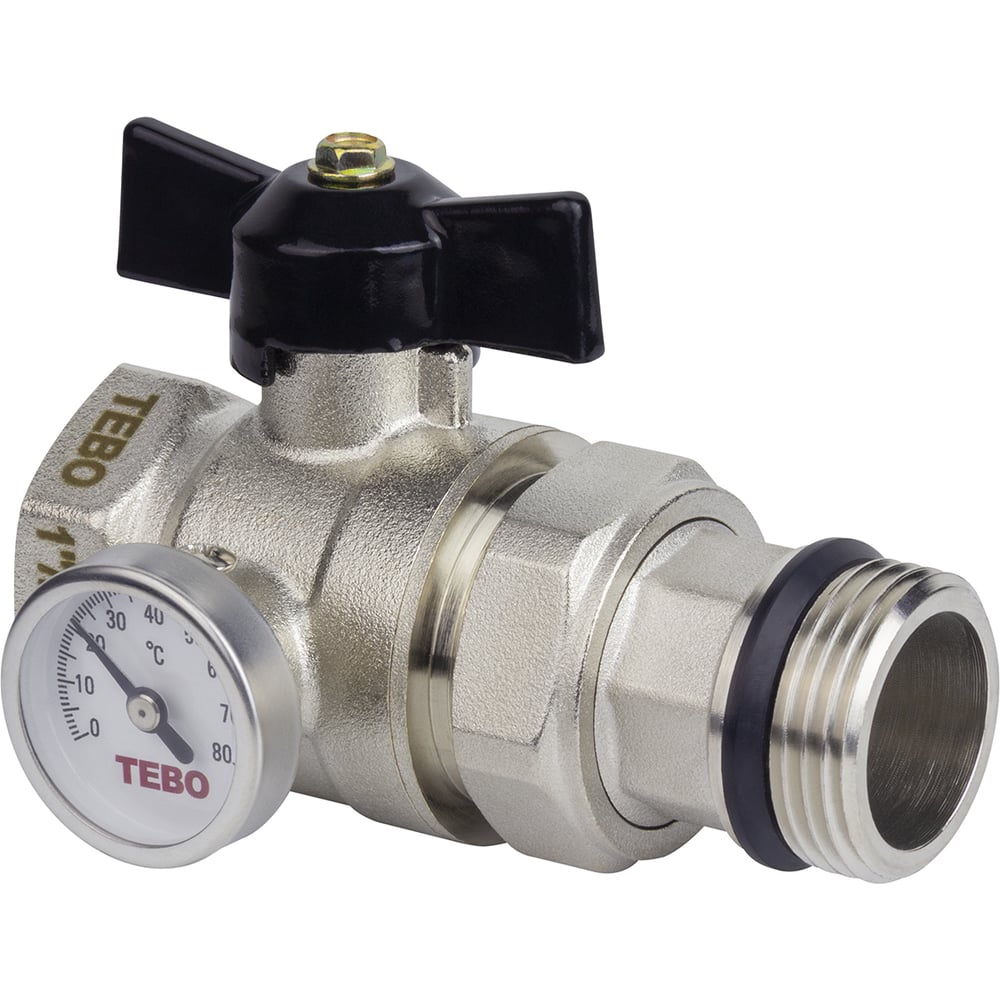 Изображение товара Кран шаровой с термометром прямой ВН/НАР 1" черная бабочка TEBO T-КШ.Т.502.1.ЧБ.CN