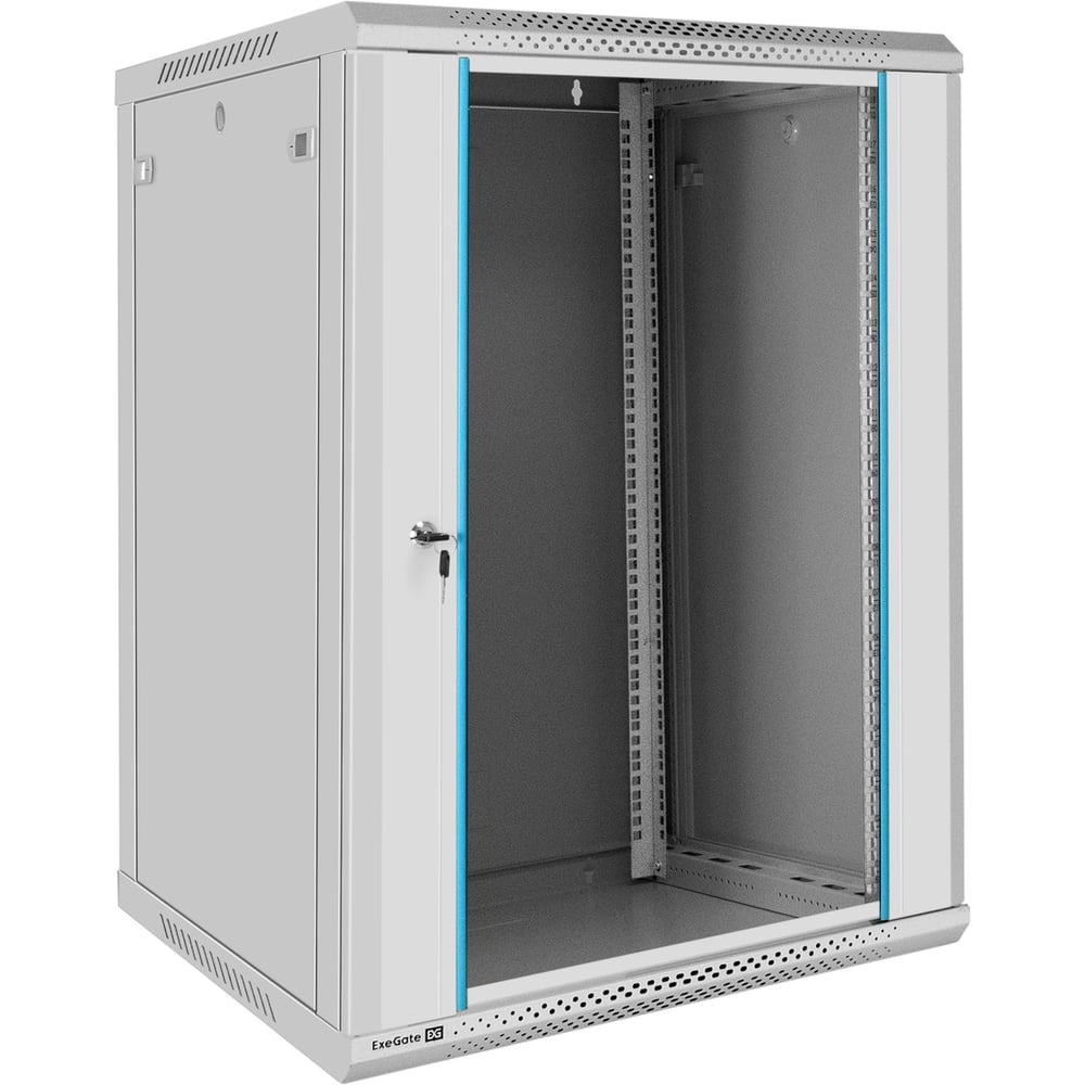 Изображение товара Шкаф телекоммуникационный ExeGate 19 настенный 18U EC-WM-18U.600.G.GREY 19”, 18U, 600x600x901mm ШхГхВ , передняя дверь закаленное стекло, съемные боковые панели 300271
