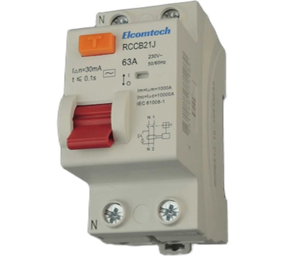 Изображение товара Устройство защитного отключения ELCOMTECH RCCB21J-10-1N63AC30 Модульное УЗО 1P+N 63A 30mA Type AC 2х модуль УТ-00039005