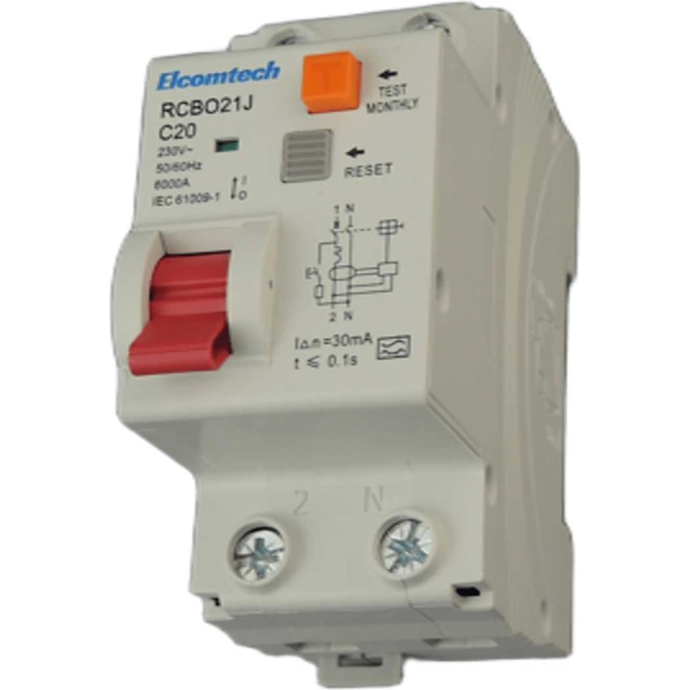 Изображение товара Автоматический выключатель дифференциальный ELCOMTECH RCBO21J-6-1NC20-A30 модульный выключатель 1P+N 20A C 6kA 30mA Type A 2х модуль УТ-00039025