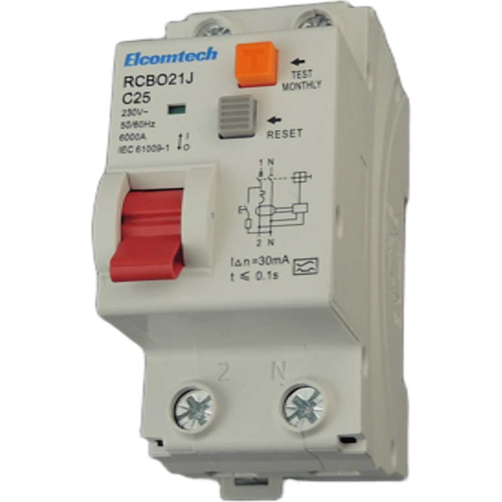 Изображение товара Автоматический выключатель ELCOMTECH RCBO21J-6-1NC25-A30 1P+N, 25A, 230В, 30мА, Type A