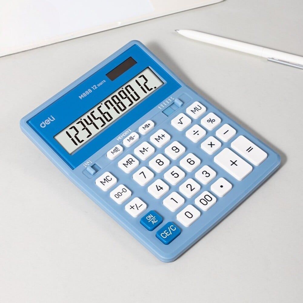 Изображение товара Калькулятор DELI EM888A 12-разрядный двойная память бело-голубой