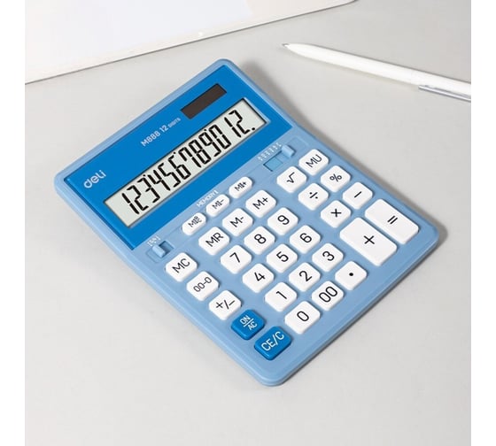 Изображение товара Калькулятор DELI 12-разрядный, функция двойной памяти, два источника питания (солнечная батарея и батарейка LR54), голубой/белый EM888A-BL-WT