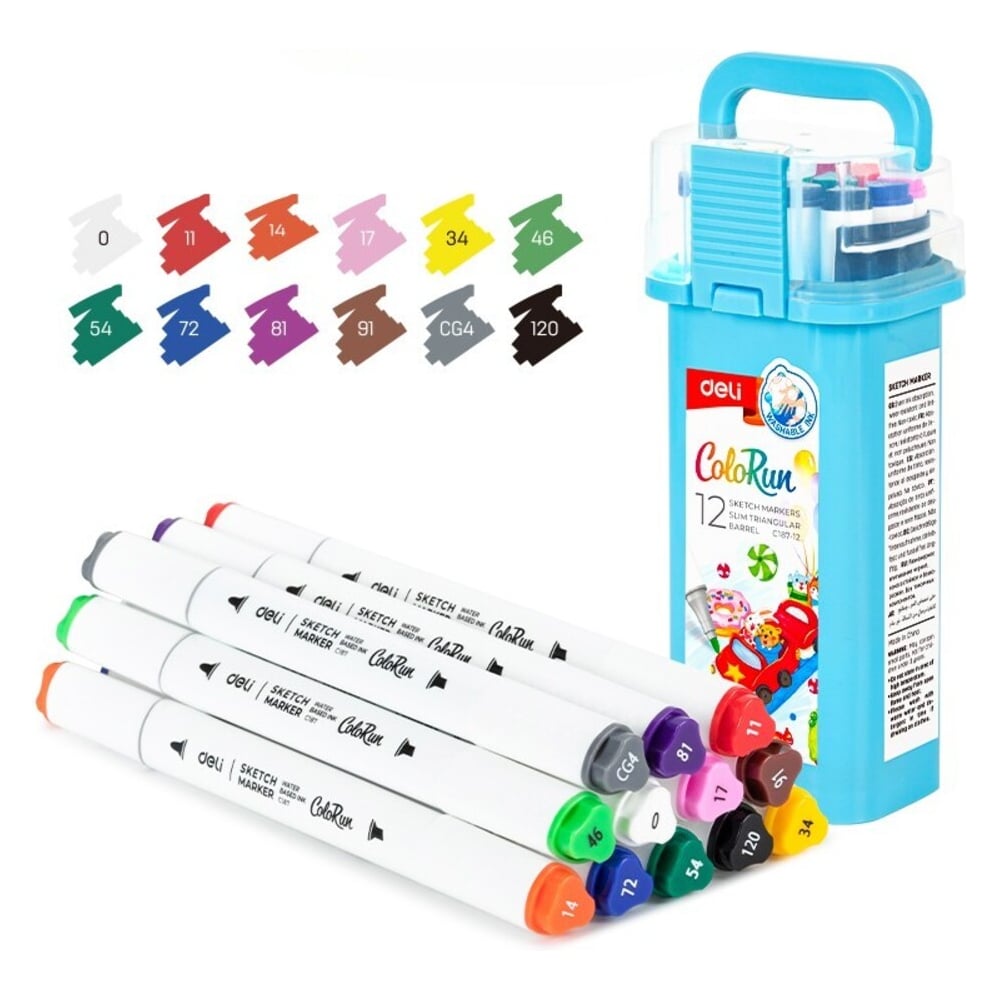 Изображение товара Маркеры для скетчинга DELI, на водной основе, двусторонний наконечник: пулевидный 1 мм, скошенный 5 мм, тонкий трехгранный корпус, пластиковый бокс, 12 шт  EC187-12