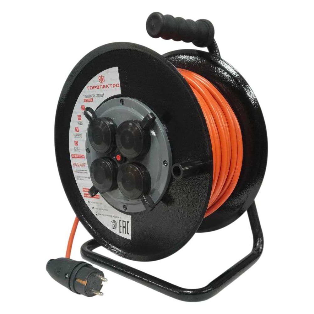 Изображение товара Удлинитель ТОРЭЛЕКТРО ПВС, 2200 Вт, 60м, на металлической катушке, IP44, без заземления, с термовыключателем. 1874