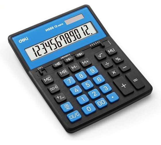 Изображение товара Калькулятор DELI 12-разрядный, функция двойной памяти, два источника питания (солнечная батарея и батарейка LR54), голубой/черный EM888A-BL-BK