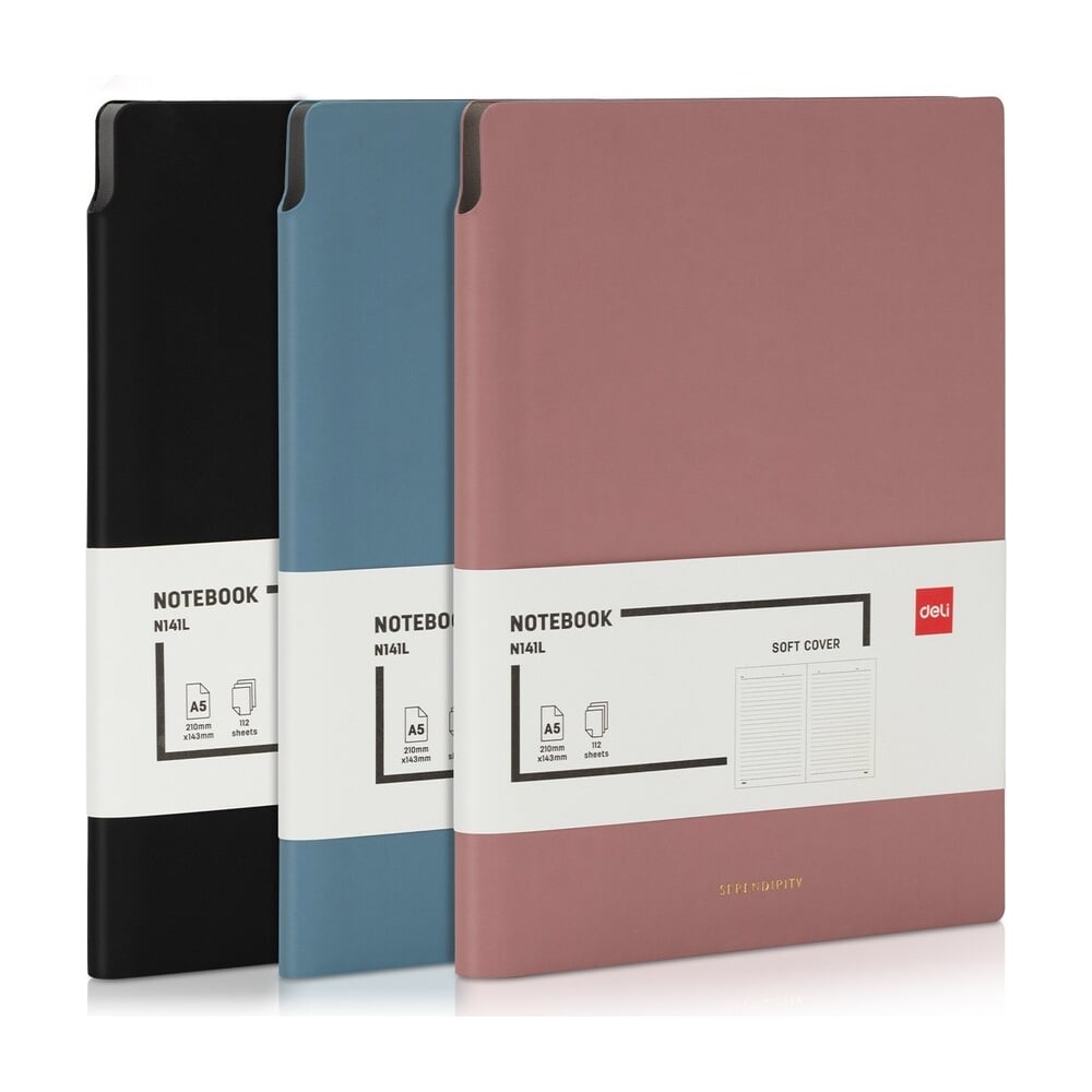 Изображение товара Бизнес-блокнот DELI формат A5, 210x143 мм, 112 листов, 80 г/м², мягкая обложка, линейка, черный EN141LBLACK