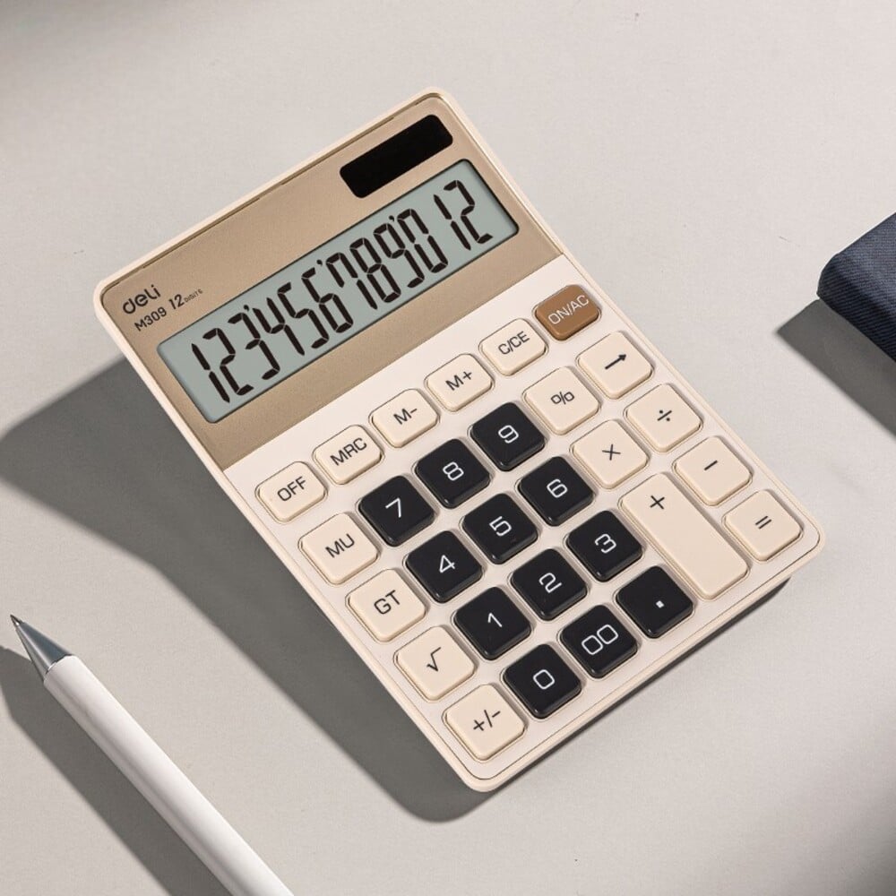 Изображение товара Калькулятор настольный DELI 12 разрядов, двойное питание, 176,9x124,9x34 мм, передняя металлическая панель, пластик, кремовый, золотистый дисплей EM309-GR