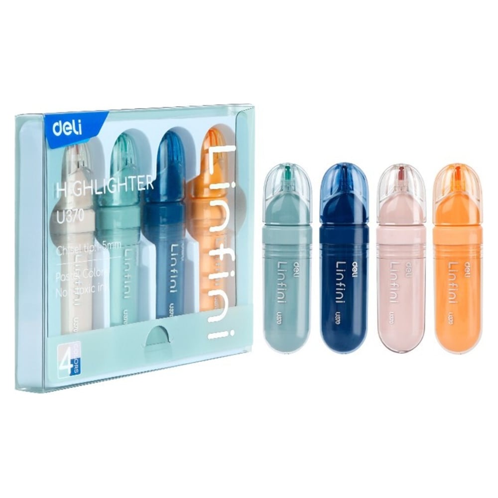 Изображение товара Набор текстовыделителей Deli , скошенный наконечник 1-5 мм, 4 шт. в упаковке, пастельные цвета ассорти EU370